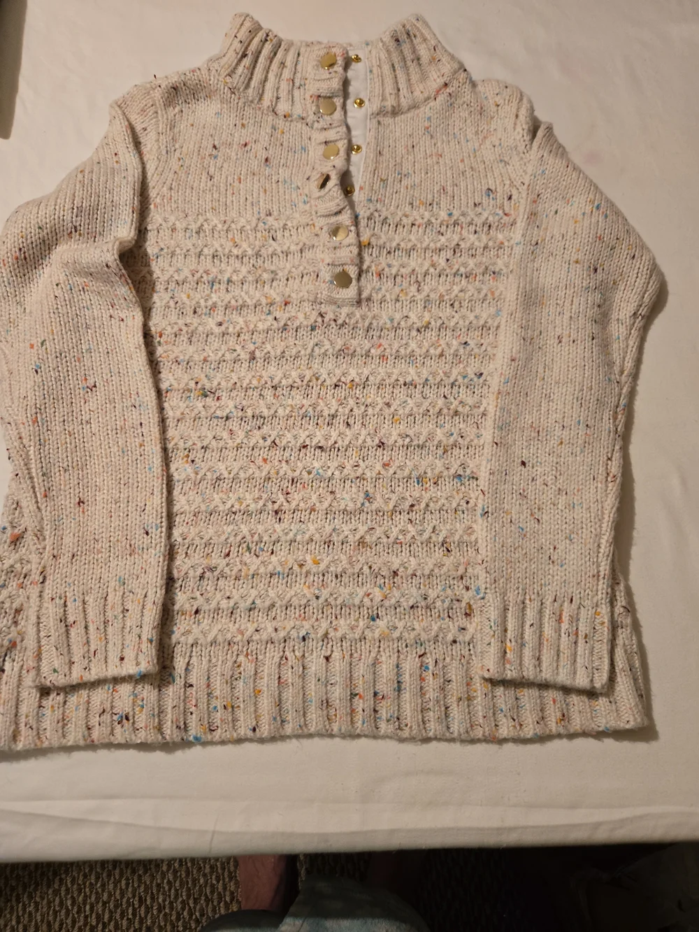 Talbots Cream Speckled Cowl Neck Button Pullover